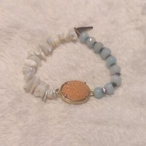 Erimish Gold Druzy & White Shell Beaded Bracelet, Light Blue Beads - Small Wrisr